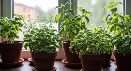 Obraz premium Fresh basil and herbs in terracotta pots on a windowsill