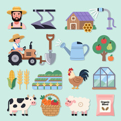 Vibrant farm icons depict rural life, agriculture, and sustainable farming practices for creative projects

