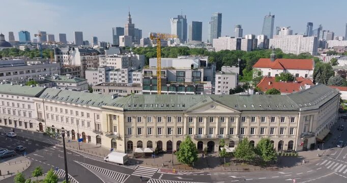 Aerial shot of Warsaw where historic architecture at Plac Teatralny meets the modern skyline, symbolizing the city&rsquo;s ongoing urban transformation and revitalization efforts.