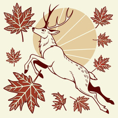 Minimilist illustration of a leaping deer surrounded by autumn maple leaves with a circular background design vector