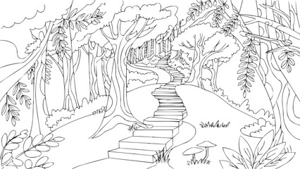 Obraz premium Forest trail illustration with stone staircase winding through trees line art drawing for coloring book and t shirt design