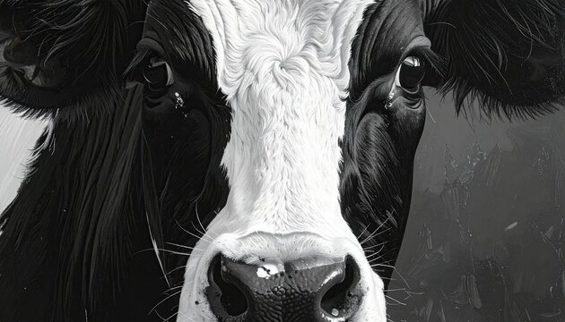 Close Up Black And White Cow Portrait With Pixelated Effect On A Dark Background For A Striking Graphic Design