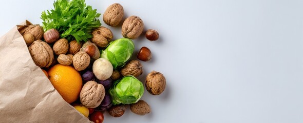 Obraz premium Brown paper bag overflowing with assorted nuts, fruits, and vegetables