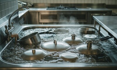 Stainless steel kitchen sink, filled with water, steaming, pots and pans