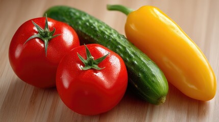 Fresh tomatoes, cucumber, and yellow pepper arranged on a wooden surface showcasing vibrant colors and natural textures in a kitchen setting
