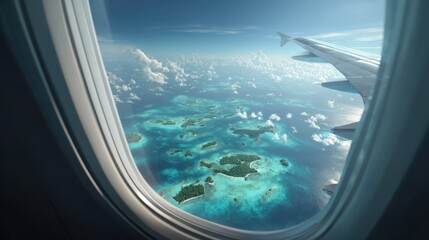Aerial view from airplane window of tropical islands in turquoise ocean