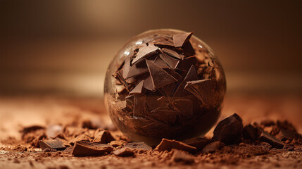 Shattered chocolate sphere dessert, elegant plating with sauce trails, soft ambient glow