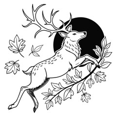 Minimilist a majestic deer leaping through foliage with a dark moon behind it in a black and white illustration vector