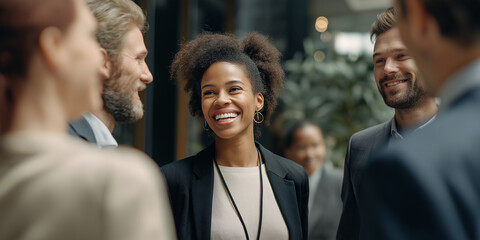 A diverse group of business people engaging in a friendly conversation in an office hallway. The image capture a positive and collaborative work environment with multicultural colleagues. High quality