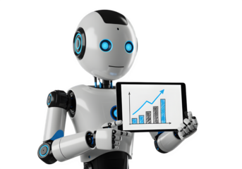 Friendly Futuristic Robot Holding a Tablet with Growth Graph, Isolated on Transparent Background PNG

