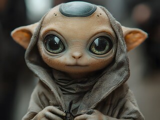 Fototapeta premium A cute alien character with large curious eyes and a soft hooded robe embodying fantasy and wonder