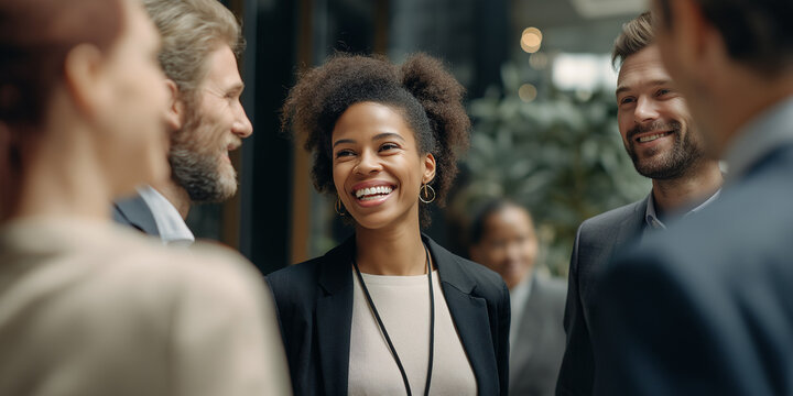 A diverse group of business people engaging in a friendly conversation in an office hallway. The image capture a positive and collaborative work environment with multicultural colleagues. High quality