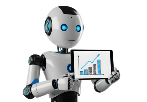 Friendly Futuristic Robot Holding a Tablet with Growth Graph, Isolated on Transparent Background PNG