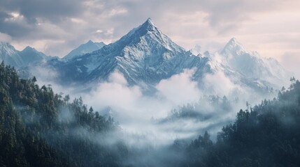 Obraz premium A majestic snow-capped mountain peak rises above a misty, forested valley. The clouds swirl around the peak, creating a sense of mystery and wonder.