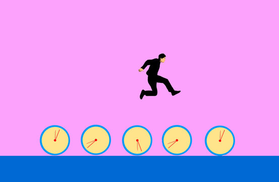 Business person jumping over clocks symbolizing time management challenge