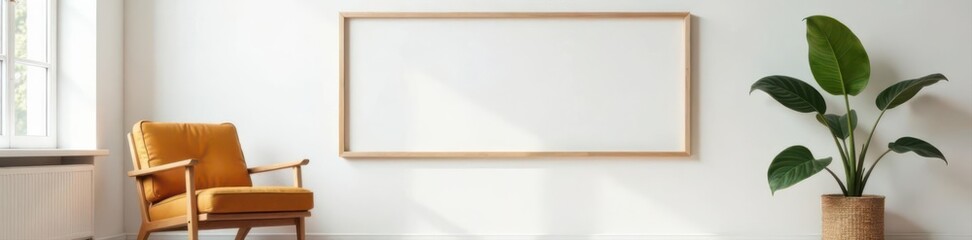 Modern boho interior, empty frame on white wall, armchair, art, trendy