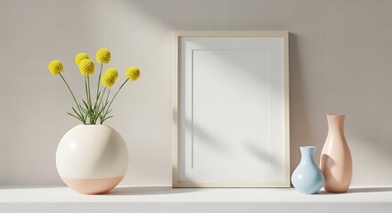 Sunny Still Life Displayed on a White Shelf with Yellow Billy Button Flowers in Round Vase beside Empty Frame and Vases