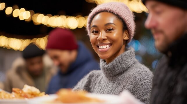 Community volunteers serving hot meals at soup kitchen, diverse group in cozy winter clothing