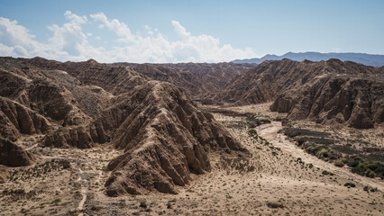 The panorama of Ak Say Canyons in Kyrgyzstan