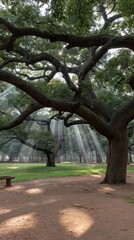 Sunlight filters through trees in a peaceful park setting during early morning hours with soft shadows and a serene atmosphere