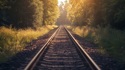 Obraz premium A railroad track disappearing into a lush green forest with the sun shining through the trees.