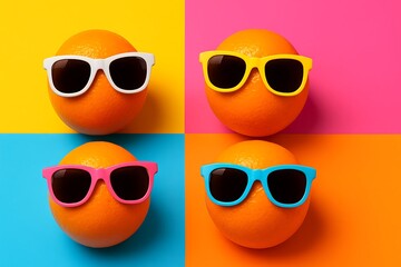 Bright, cheerful oranges wearing sunglasses, playfully arranged on a vibrant, colorful background, radiating fun summer vibes.