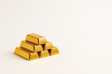 Small Pile of Gold Bars on White Background with Copy Space　白背景に積まれた小さな金塊の山と広いコピースペースのイメージ