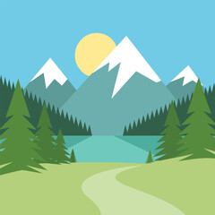 Fototapeta premium Mountain lake landscape with pine trees and a winding path Keywords: landscape, mountains, lake
