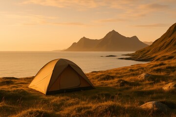 Obraz premium Camping tent by the seaside at sunset with golden mountain silhouettes in the background. Peaceful nature getaway scene ideal for outdoor travel, adventure inspiration, or relaxation themes