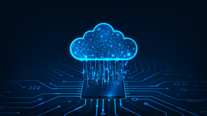 Futuristic technology concept processor with cloud on blue background