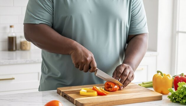 Fat black man chooses healthy food while chopping vegetables in kitchen  