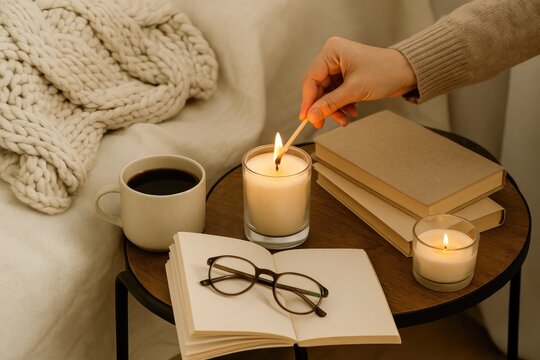 Cozy flat lay of a hand lighting a candle next to a cup of coffee, open book, glasses, and knit blanket on a wooden table, creating a warm, peaceful, and relaxing atmosphere at home
