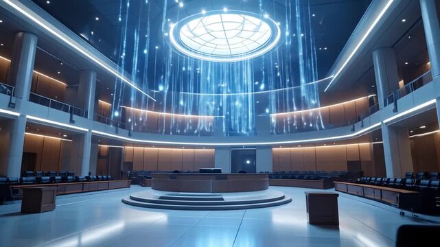 Futuristic council chamber with glowing lights and advanced architectural design