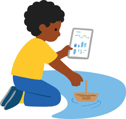 Kid launching a tiny biodegradable sensor boat into a canal and watching live data Illustration