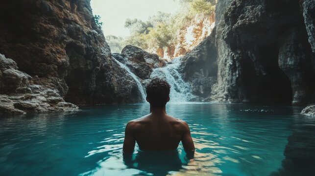 A man stands in a turquoise pool of water, gazing at a waterfall in a rocky canyon.