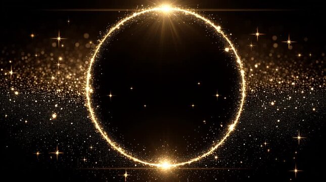 Gold round glitter frame with glitter particles effect on black background.