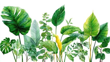 Lush tropical foliage in watercolor