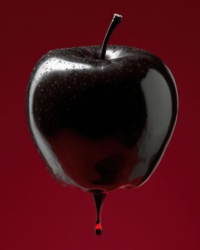 Naklejki Black Apple with Dripping Liquid on Red Background