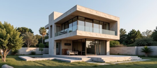 Fototapeta premium Modern house with large windows and landscaped surroundings.