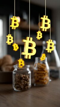 Cryptocurrency symbols hanging above jars with snacks in a cozy indoor setting