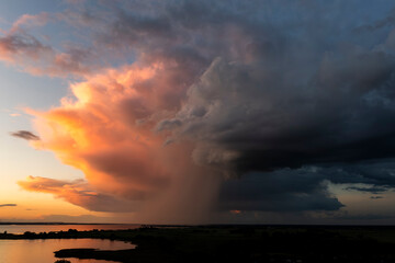 Beautiful sunset over Lake Dąbie in Szczecin. View from a drone.