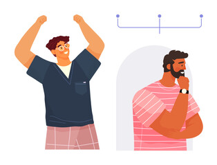 Confident man celebrating success with raised arms contemplative man pondering beside a branching diagram. Ideal for teamwork, decision-making, brainstorming, leadership, motivation, personal growth