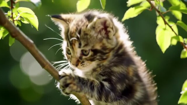 Cute kitten climbs tree in summer sunshine reaching for green leaves, adorable playful animal outdoors.