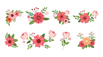 Floral bouquet vector set with pink blossoms and leaves