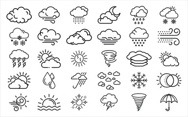 Hand drawn weather icons collection with clouds sun rain snow and wind