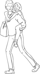 A mom is carrying her child on her back. Vector illustration. Black and white illustration.