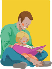 A father and daughter are reading a book together. Vector illustration.