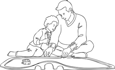A dad is playing with his son with a toy train on the floor. Vector illustration. Black and white illustration.