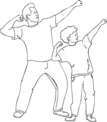 A father and son are standing in bodybuilder poses. Vector illustration.