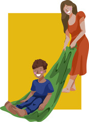 20A mom is giving her son a ride on a blanket across the floor. Vector illustration.